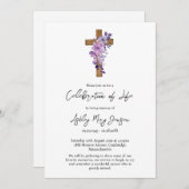 Purple flower cross Celebration of Life Funeral 招待状 (正面/裏面)