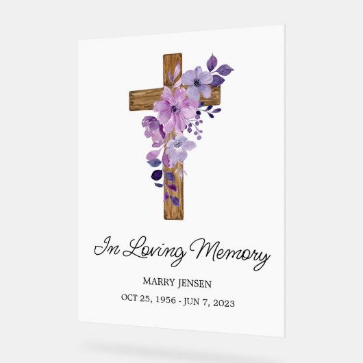 Purple flower cross Memorial Funeral アクリルサイン (傾斜)