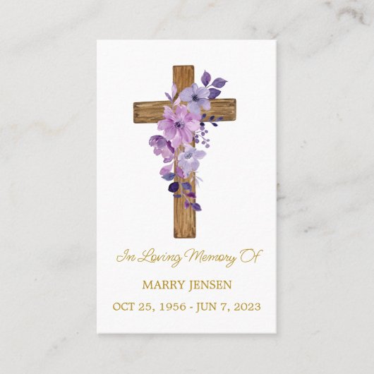 Purple flower Cross Memorial Funeral Prayer Card 名刺 (正面)