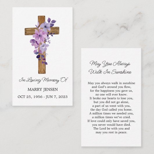 Purple flower Cross Memorial Funeral Prayer Card 名刺 (正面/裏面)