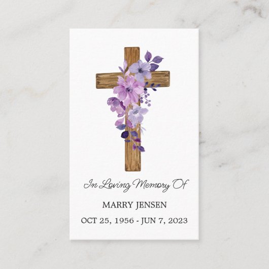 Purple flower Cross Memorial Funeral Prayer Card 名刺 (正面)
