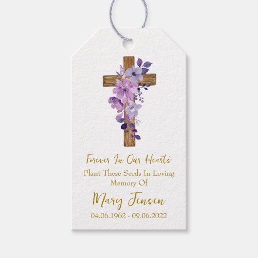 Purple flower Cross Memorial Funeral Seed Packet  ギフトタグ (正面)