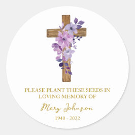 Purple Flower Cross Memorial Funeral Seed Packet ラウンドシール