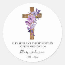 Purple Flower Cross Memorial Funeral Seed Packet ラウンドシール