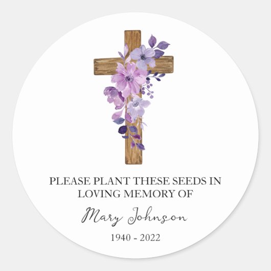 Purple Flower Cross Memorial Funeral Seed Packet ラウンドシール (正面)