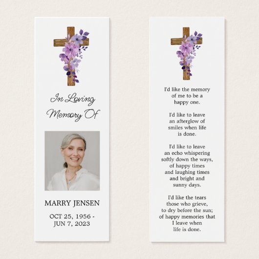 Purple flower Cross Photo Funeral Bookmark (正面&裏面)