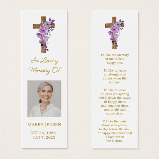 Purple flower Cross Photo Funeral Bookmark (正面&裏面)