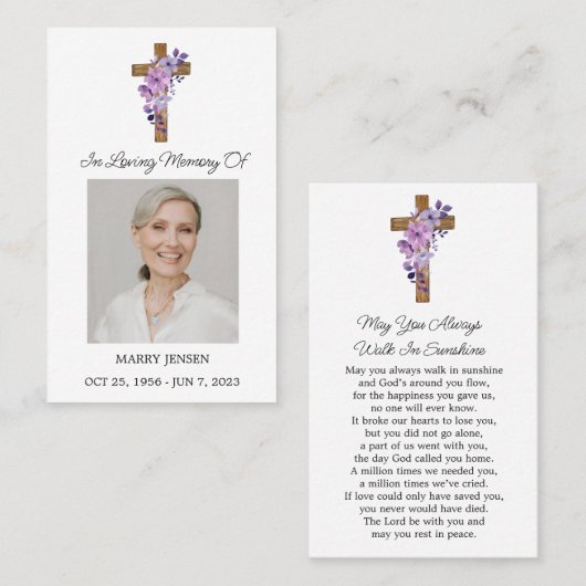 Purple Flower Cross Photo Funeral Prayer Card 名刺 (正面/裏面)