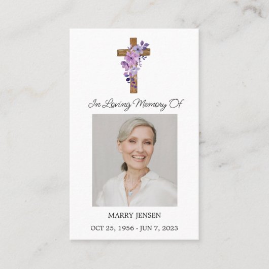 Purple Flower Cross Photo Funeral Prayer Card 名刺 (正面)
