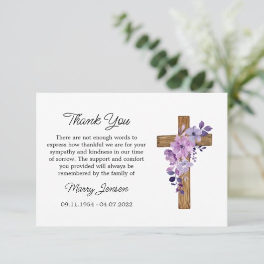 Purple flower Cross Sympathy Thank You Card サンキューカード (スタンド正面)