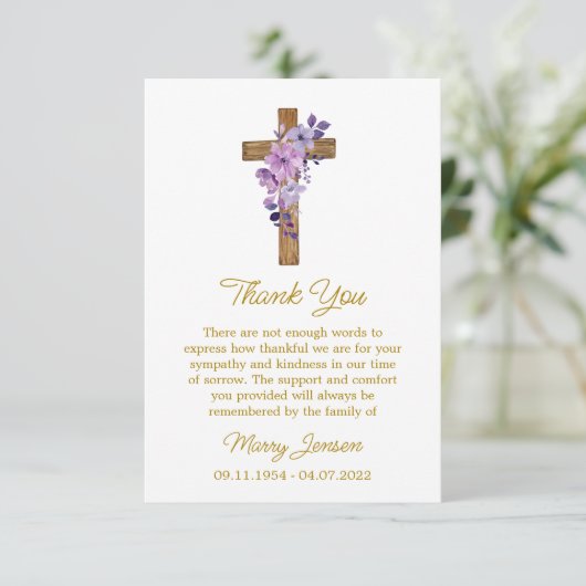 Purple flower Cross Sympathy Thank You Card サンキューカード (スタンド正面)