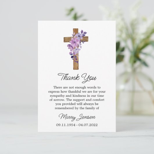 Purple flower Cross Sympathy Thank You Card サンキューカード (スタンド正面)