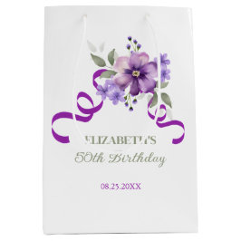 Purple Flower Greenery Ribbon Birthday ミディアムペーパーバッグ