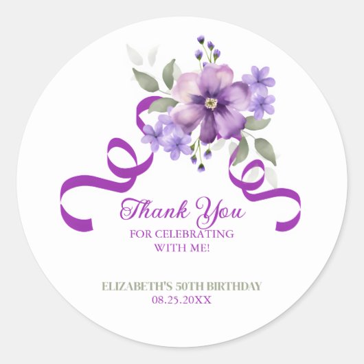 Purple Flower Greenery Ribbon Birthday ラウンドシール (正面)