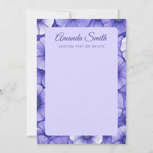 Purple flower pattern border elegant script name ノートカード (正面)