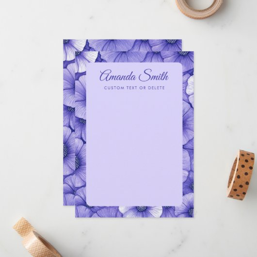 Purple flower pattern border elegant script name ノートカード (正面/裏面インサイチュ)