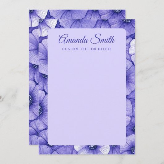 Purple flower pattern border elegant script name ノートカード (正面/裏面)