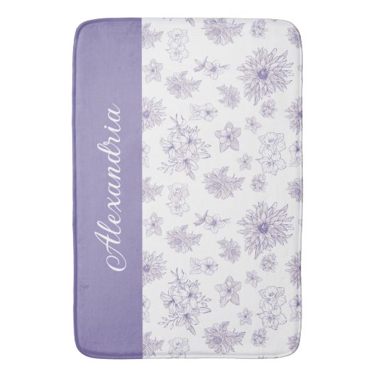Purple Flower Pattern Custom Name  バスマット (正面縦)