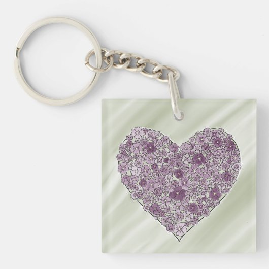 Purple flowered heart round keychain キーホルダー (正面)