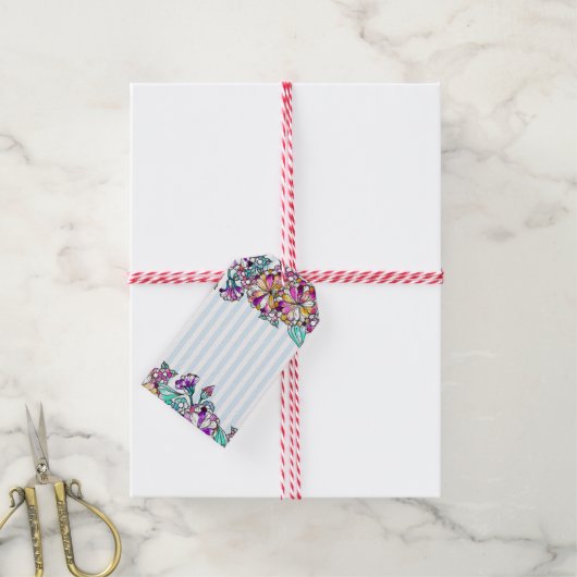 Purple flowers and light blue stripes ギフトタグ (より糸付き)