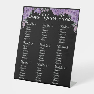 Purple Flowers Black Find Your Seat Wedding  台座サイン