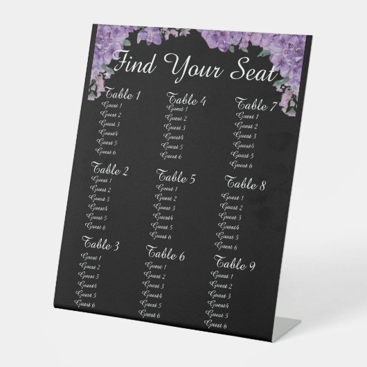 Purple Flowers Black Find Your Seat Wedding Seatin 台座サイン (正面)