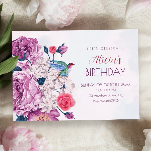 Purple flowers bloom birthday 招待状