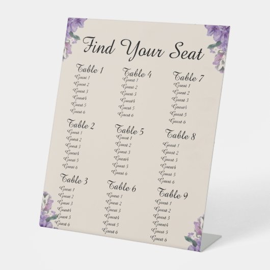Purple Flowers Cream Find Your Seat Wedding  台座サイン (正面)