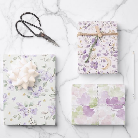 Purple Flowers Gold Stars Moons Birthday ラッピングペーパーシート (正面)