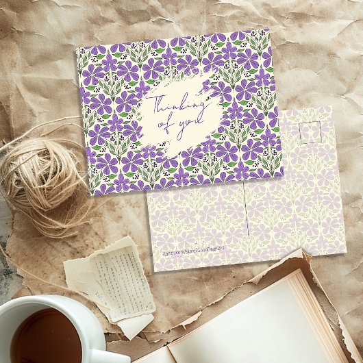 Purple Flowers Illustrated Botanical Pattern ポストカード