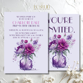 Purple flowers in vase Floral watercolor Birthday 招待状