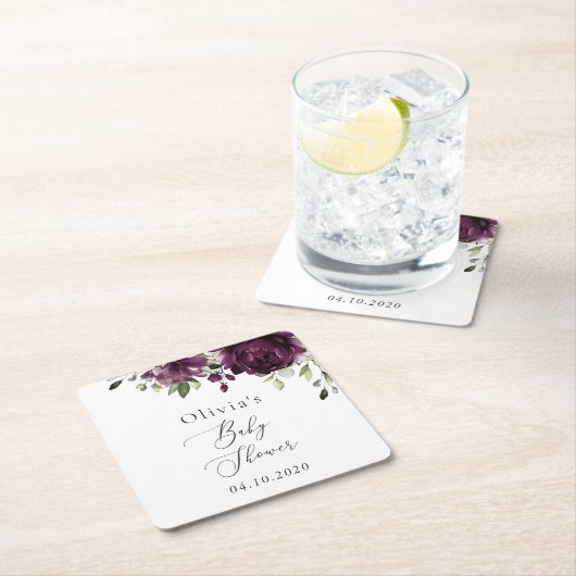 Purple Flowers, Plum Flowers, Boho, Baby Shower スクエアペーパーコースター (インサイチュ)