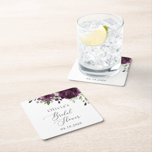 Purple Flowers, Plum Flowers, Boho, Bridal Shower スクエアペーパーコースター (インサイチュ)