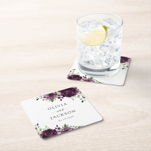 Purple Flowers, Plum Flowers, Boho, Floral Wedding スクエアペーパーコースター (インサイチュ)