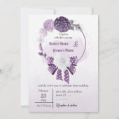 purple flowers & ribbon floral wreath wedding 招待状 (正面)