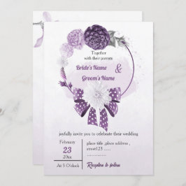 purple flowers & ribbon floral wreath wedding 招待状