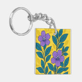 Purple Flowers & Teal Leaves on Yellow Background キーホルダー (正面左)