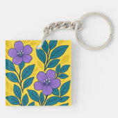 Purple Flowers & Teal Leaves on Yellow Background キーホルダー (裏面)