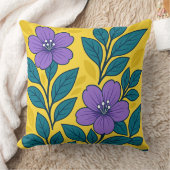 Purple Flowers & Teal Leaves on Yellow Background クッション (ブランケット)