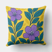 Purple Flowers & Teal Leaves on Yellow Background クッション (裏面)