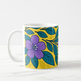 Purple Flowers & Teal Leaves on Yellow Background コーヒーマグカップ