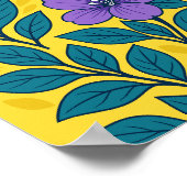 Purple Flowers & Teal Leaves on Yellow Background ポスター (角)
