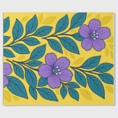 Purple Flowers & Teal Leaves on Yellow Background ラッピングペーパー (フラット)