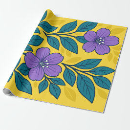 Purple Flowers & Teal Leaves on Yellow Background ラッピングペーパー