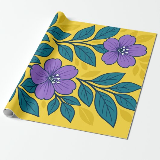 Purple Flowers & Teal Leaves on Yellow Background ラッピングペーパー (アンロールド)