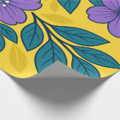 Purple Flowers & Teal Leaves on Yellow Background ラッピングペーパー (角)