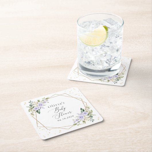 Purple Flowers, White Flowers, Boho, Baby Shower スクエアペーパーコースター (インサイチュ)
