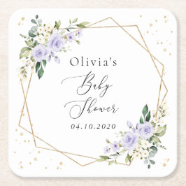 Purple Flowers, White Flowers, Boho, Baby Shower スクエアペーパーコースター