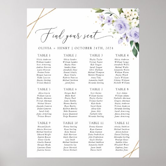 Purple Flowers, White Flowers, Boho, Seating Chart ポスター (正面)