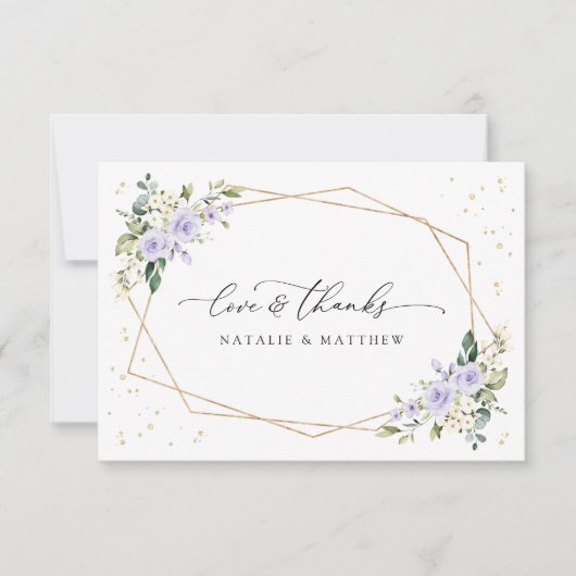 Purple Flowers, White Flowers, Greenery, Wedding サンキューカード (正面)